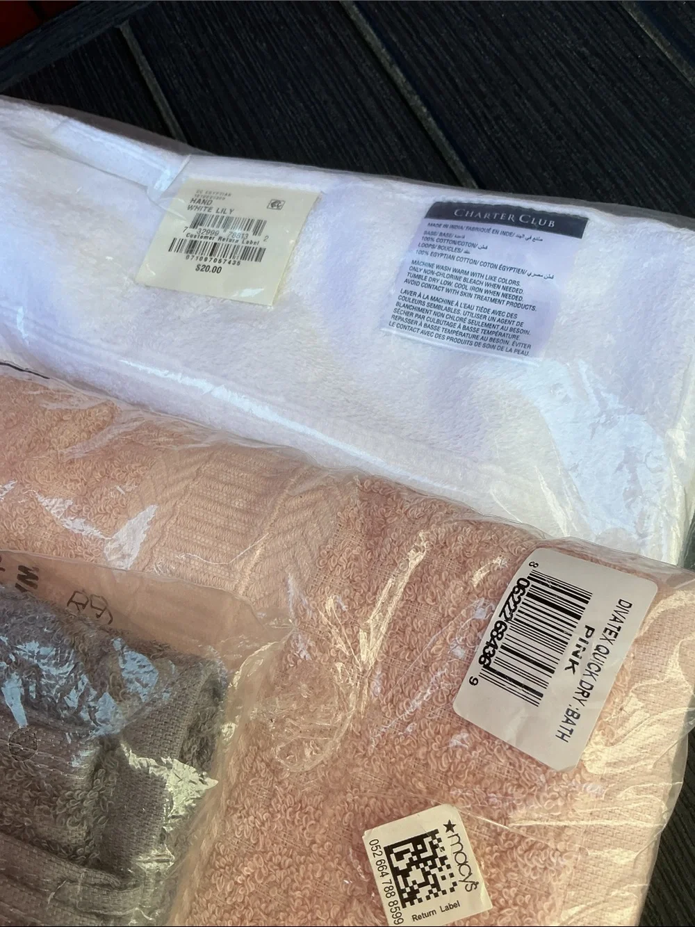 Macys HAND Towels Set in Gray, Blush, White. NWT